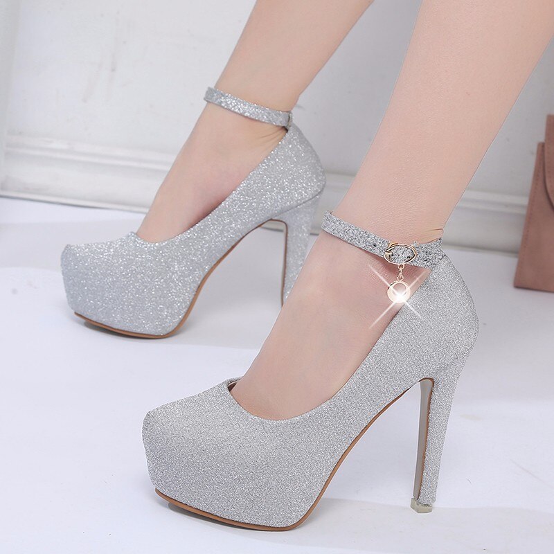 Bryllupssko kvinder høje hæle brude sko platform pumps super høj hæl 12cm sort sølv  yx2177