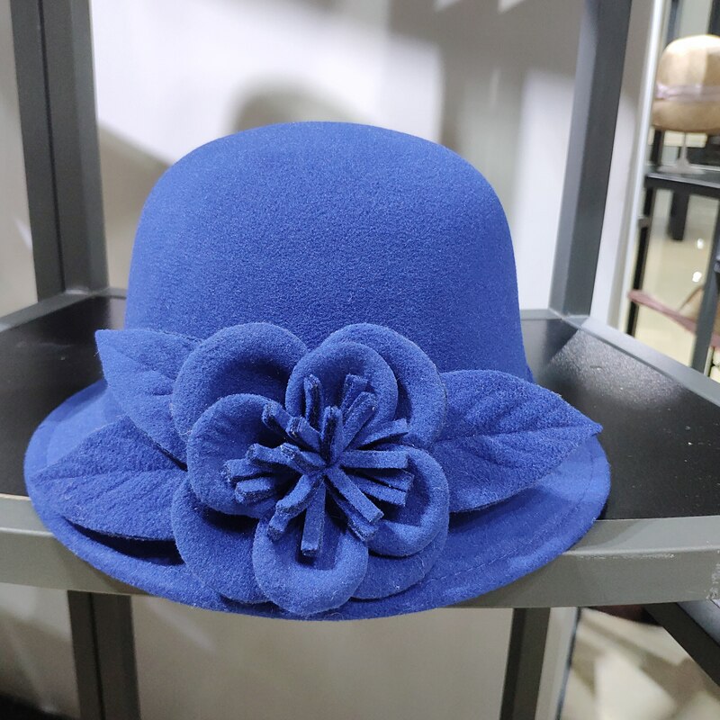 Chapeau Fedora en laine pour femmes, chapeau seau à fleurs texturées, , en forme de dôme, à la , automne hiver: Sapphire blue