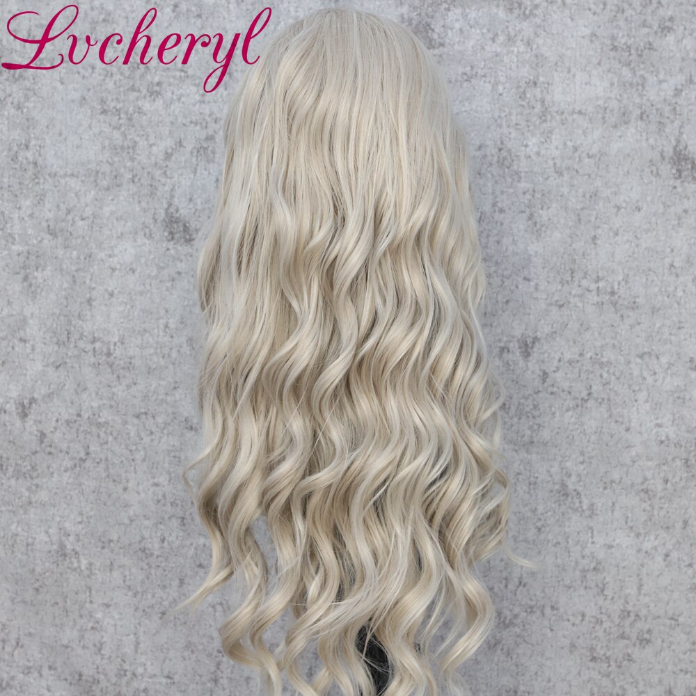 Lvcheryl lång vågig platina blond färg syntetisk spets främre peruker handbundna naturliga hår värmebeständigt hår peruker för kvinnor