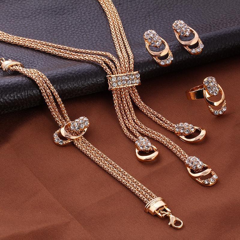 Rosa guld krystal smykkesæt kvinder brude halskæde øreringe armbånd ring rhinestone bryllup forlovelsesfest smykker