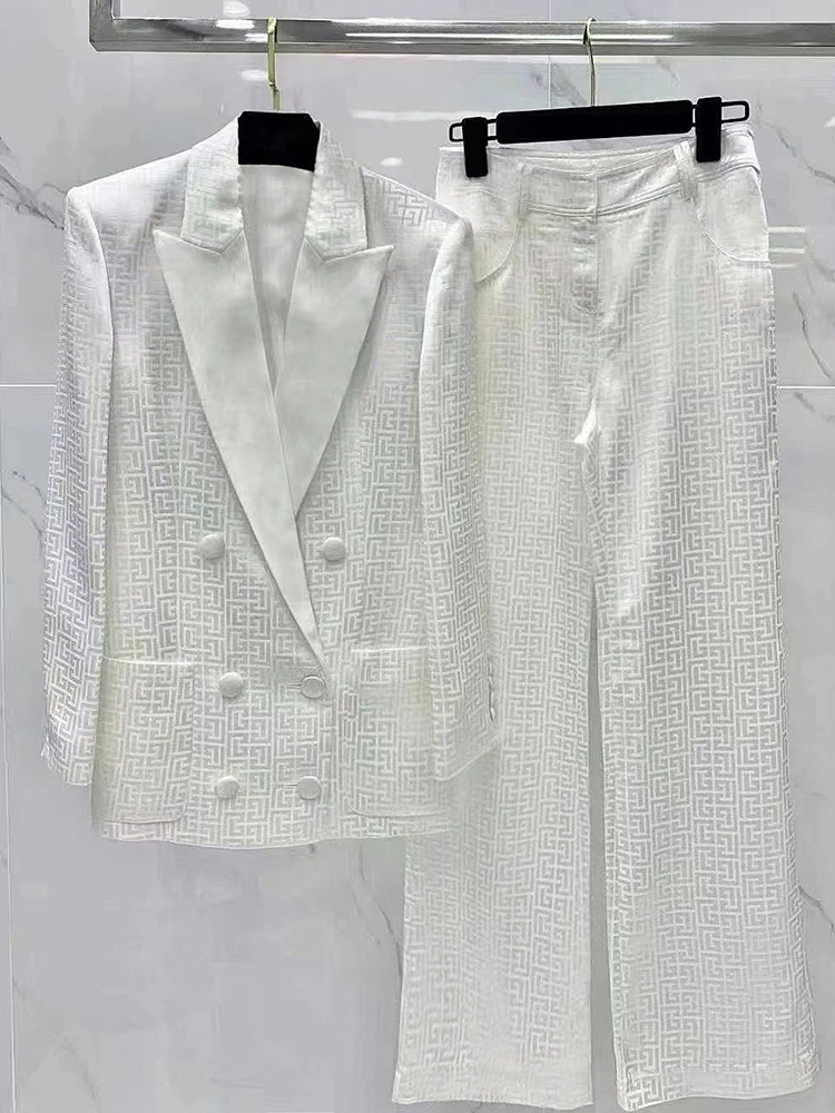 High Street 2024 Catwalk Pak Set Dames Dubbele Rij Knopen Monogram Jacquard Dunne Blazer Broek Set 2 Stuks