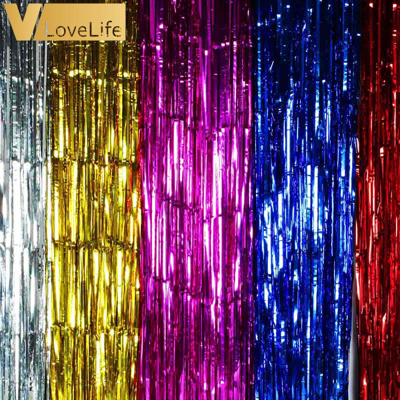 1M x 2 Meters Gold Foil Fringe Tinsel Curtain Tassel Garlands Wedding Photography Backdrop Birthday Party Decoration