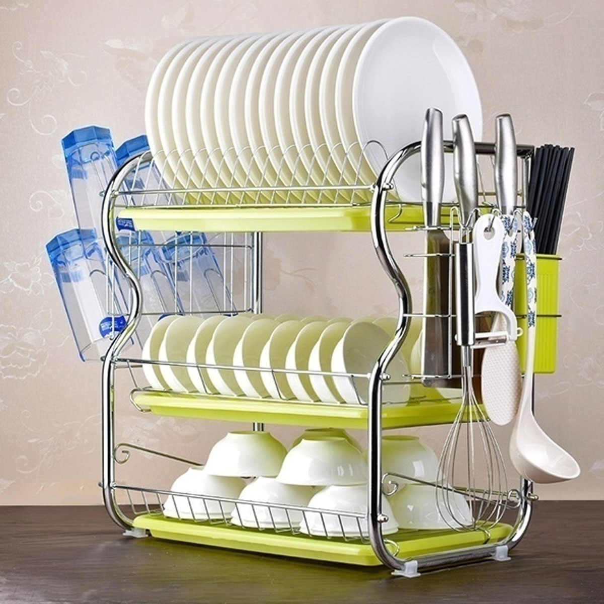 Estante de secado de platos de 2/3 niveles, cesta de hierro chapado, soporte para lavado del hogar, escurridor de platos para fregadero de cocina, estante organizador