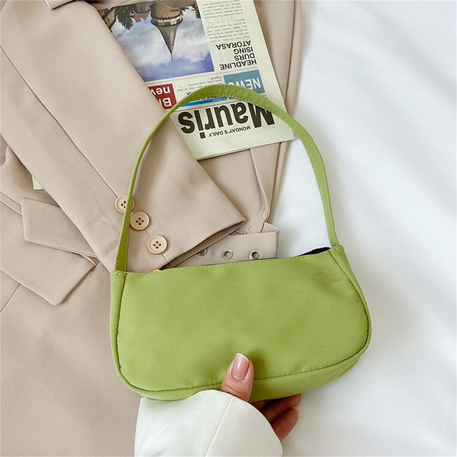 Solid Color Ladies Baguette Handbags Women Nylon Casual Shoulder Underarm Shoulder Bags Portable Travel Clutches#p35: C