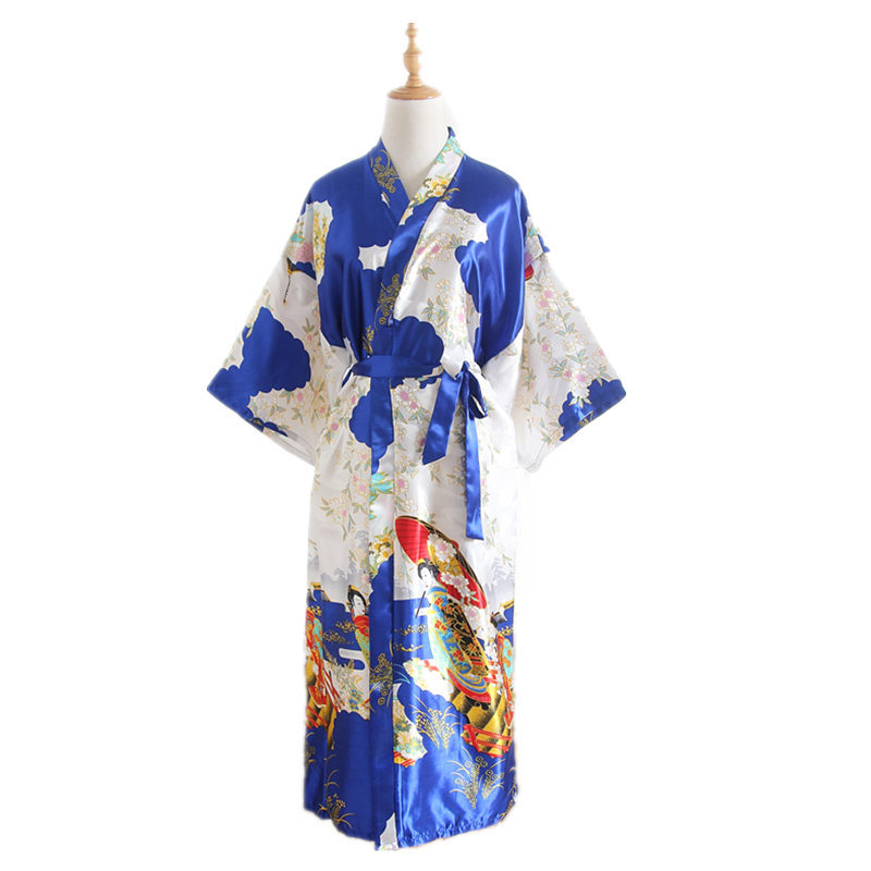 Japanese Kimono Style Cardigan Satin Bathrobe Long Pajamas Night Robe Yukata For Women Japanese Clothes Peacock Print: Brown