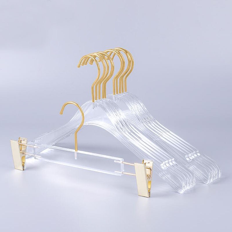 10 stks Top Grade Clear Acryl Crystal Kleding Pakken Hanger met Gouden Haak, transparant Acryl Broek Hangers met Goud Clips