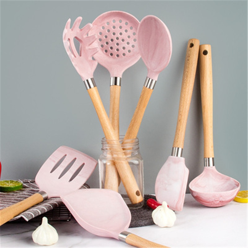 Pink Silicone Kitchen Utensils Set Heat Resistant Nonstick Baking Cooking Tools wooden handle Kitchenware Accessories