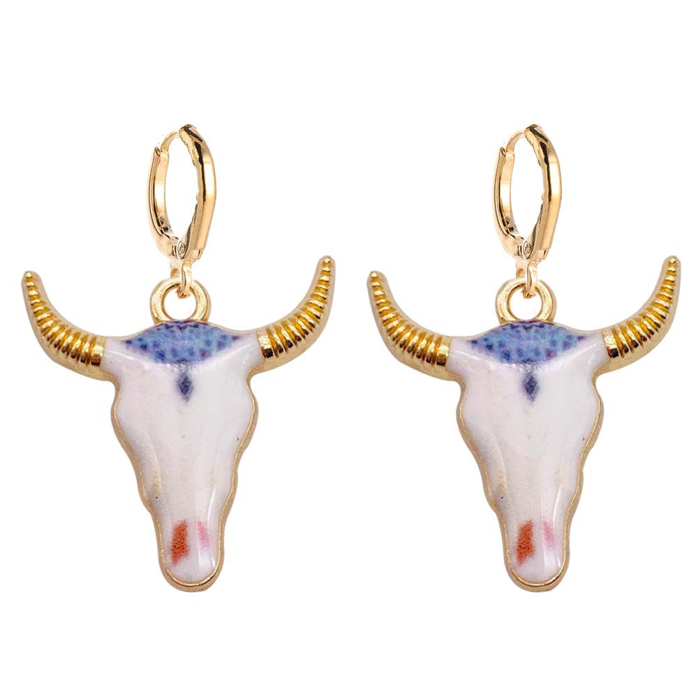 Pendientes de cabeza de toro esmaltados coloridos, vaquera occidental, pendientes colgantes de aleación, joyería: Chapado en cobre envejecido