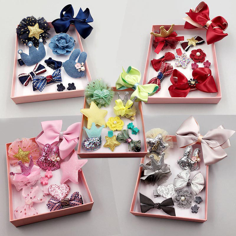 Leuke 10PCS Kids Baby Meisjes Kant Boog Haar Clips Bloem Barrette Haarspelden Box Set Meisje Haar Pin