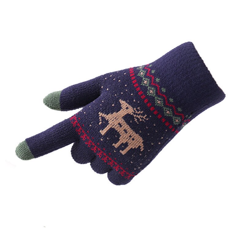 Handschoenen dames winter warm herfst cartoon studenten touchscreen jia hou rong garen gebreide katoenen vingers mannen qi xing che: Enkele laag hert donkerblauw