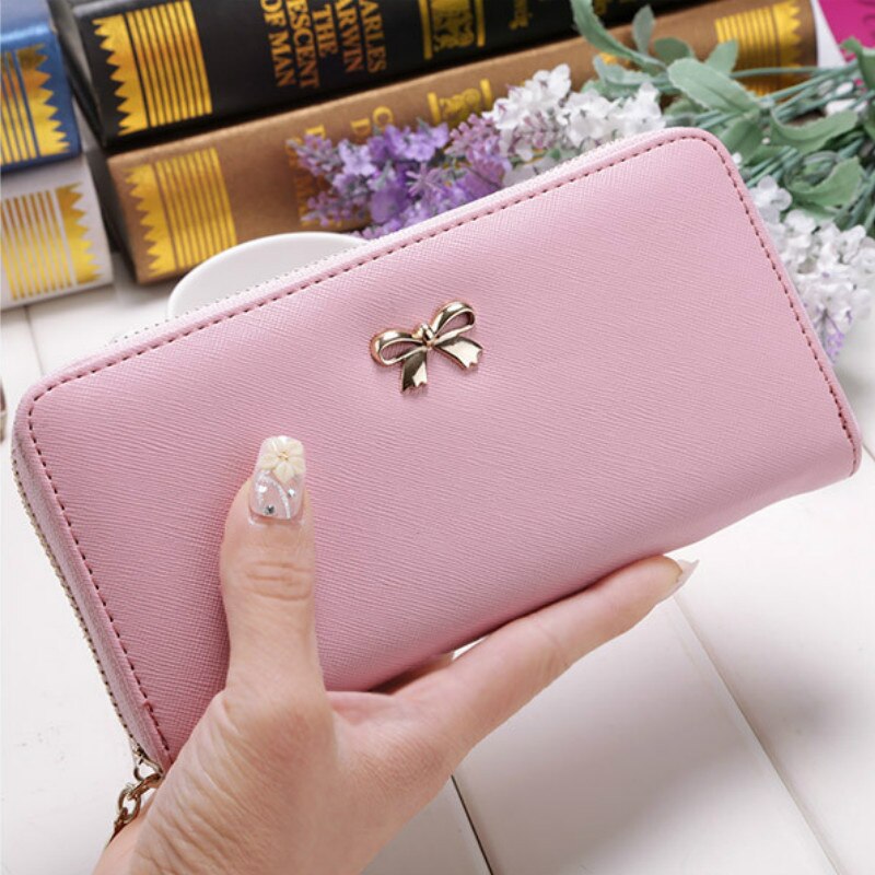 Portefeuilles à longue pochette pour femmes, en cuir PU, sac pour pièces de monnaie avec nœud papillon, porte-cartes, célèbre de styliste,: Pink