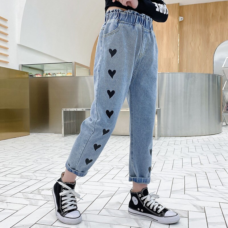 Jean imprimé cœur pour adolescentes, pantalon décontracté, taille élastique, printemps automne, 6 8 10 12 14,