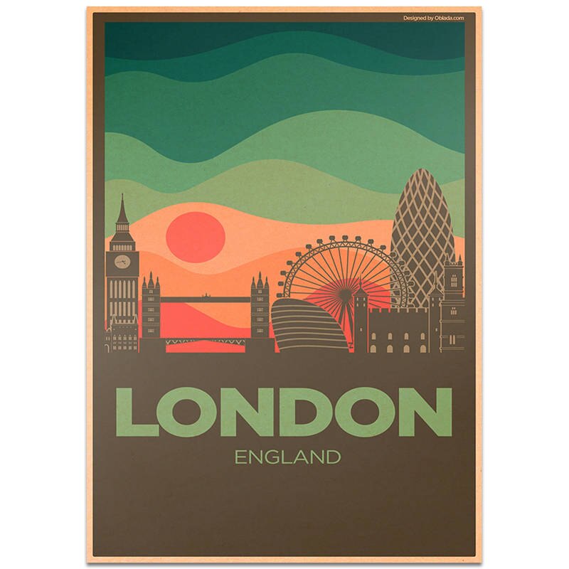 London city rejseplakat håndmalet turistattraktioner vintage kraftpapir pub cafe soveværelse boligindretning wallsticker 42 x 30cm: Tcity 143