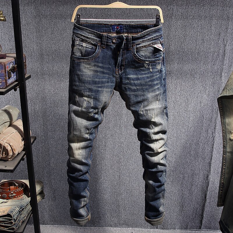 Italiensk stil mænd retro blå fit elastisk flået jeans mænd bomuld denim bukser streetwear hip hop jeans homme –