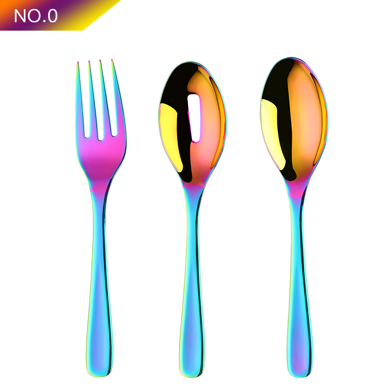 3Pcs/set 18/8 Stainless Steel Gold Flatware Big Size Long Handle Serving Salad Spoon/Fork/Colander Salad Set Kitchen Utensils: rainbow NO.0