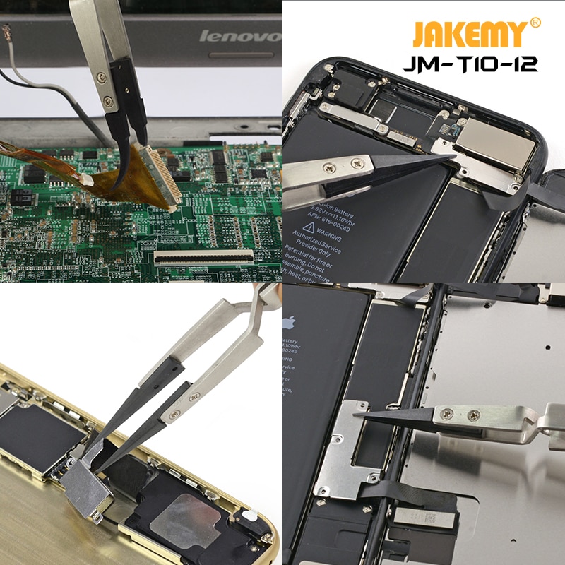 Jakemy JM-T10-12 Rvs Precisie Anti-statische ESD Pincet met Gebogen &amp; Recht Plastic Tip voor Telefoon Reparatie BGA werk