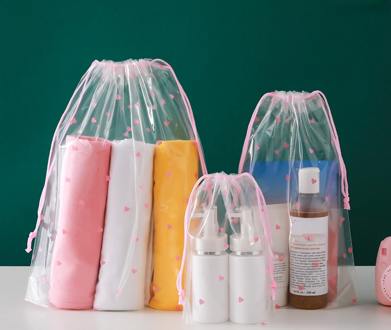 1pcs Transparent Drawstring Storage Bag Clothes Underwear Shoes Organizer Pouch Travel Toiletries Cosmetic Cartoon Storage Bag: S / Pink