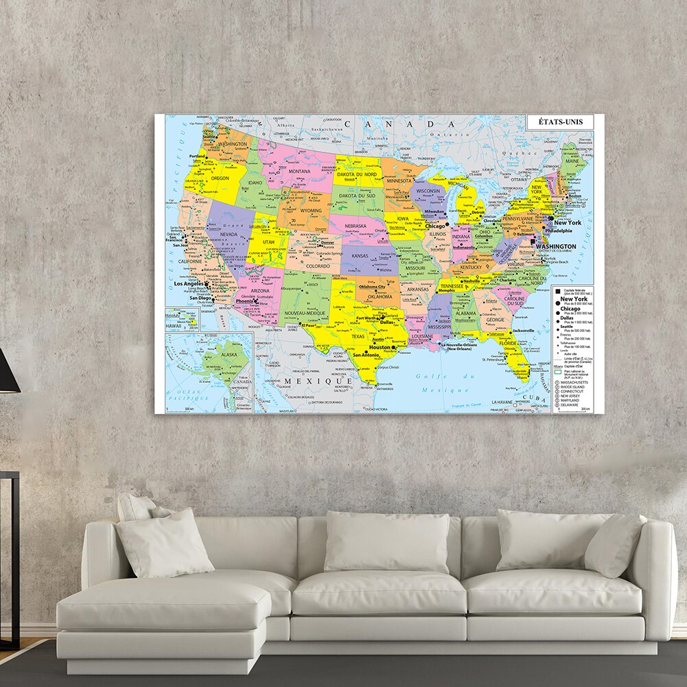 150*100cm The United States Political Map America Map Wall Poster Non-woven Canvas Painting School Supplies Home Decor In French