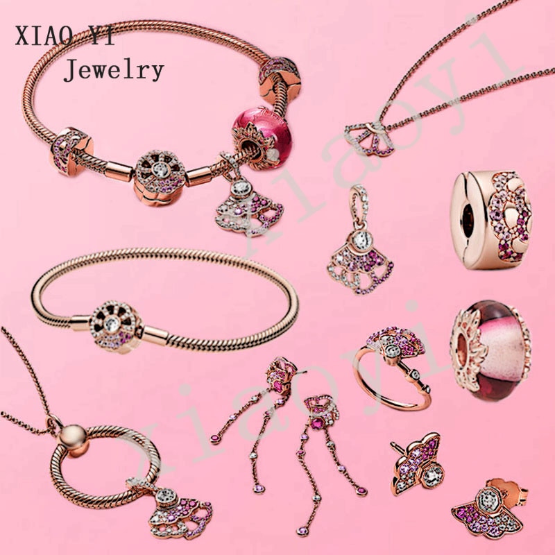 XIAOYI 2020NEW S925 rose farbe sektor chinesischen valentinstag romantische rosa fan glas Halskette ohrringe armband zubehör