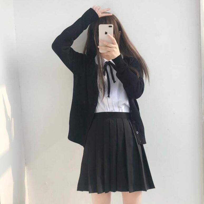 Japanese sailor suit long-sleeved school uniform Cardigan student wear class Japanese JK uniform shirt Cardigan set: black / M