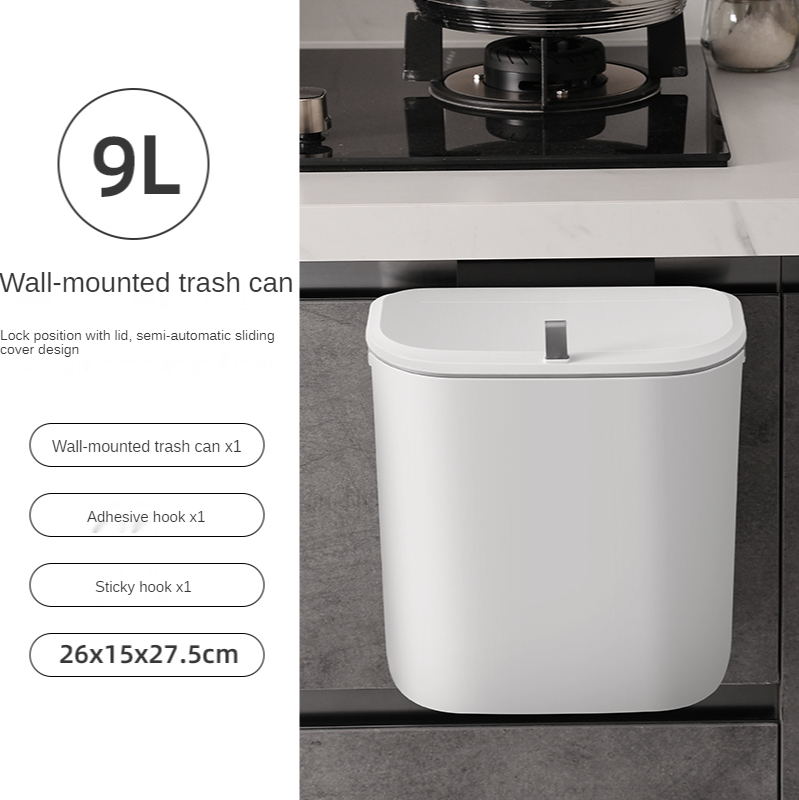 9L With Lid Waste Bin Kitchen Wall Mounted Trash Can Bathroom Toilet Door Hanging Trash Bin Garbage Car Recycle Dustbin Rubbish: kitchen trash can 9L