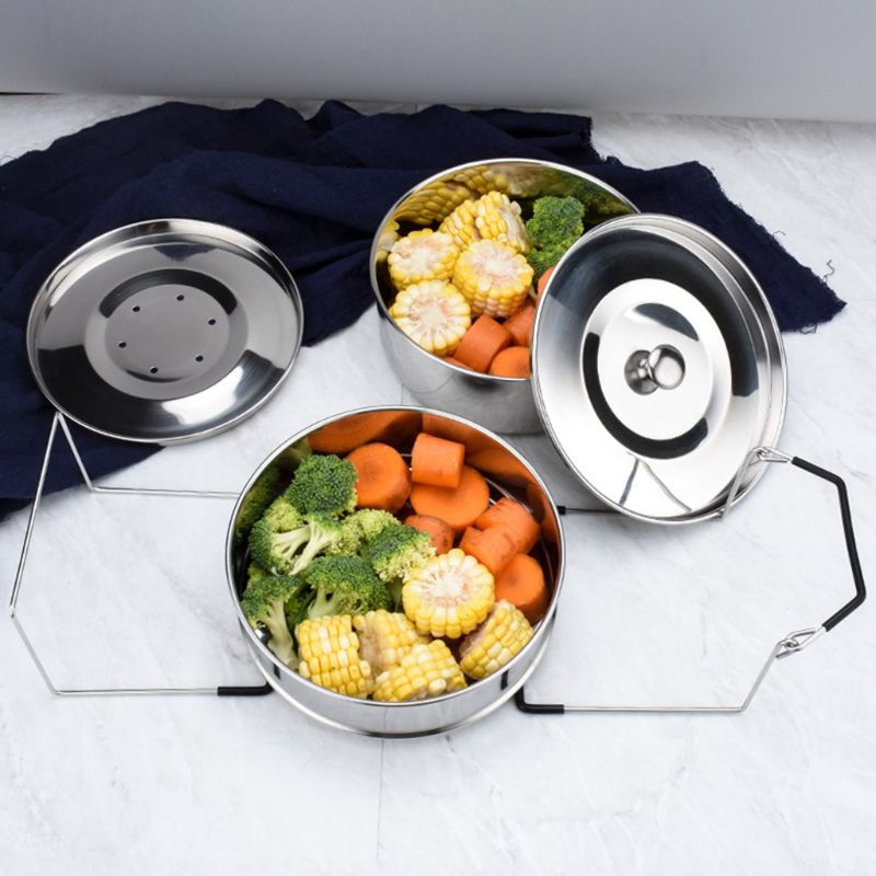 Stainless Steel Double Layer 2 Lid Stackable Steamer with Handheld Clamping Frame Home Kitchen Cooking Tools for Pressure Cooker
