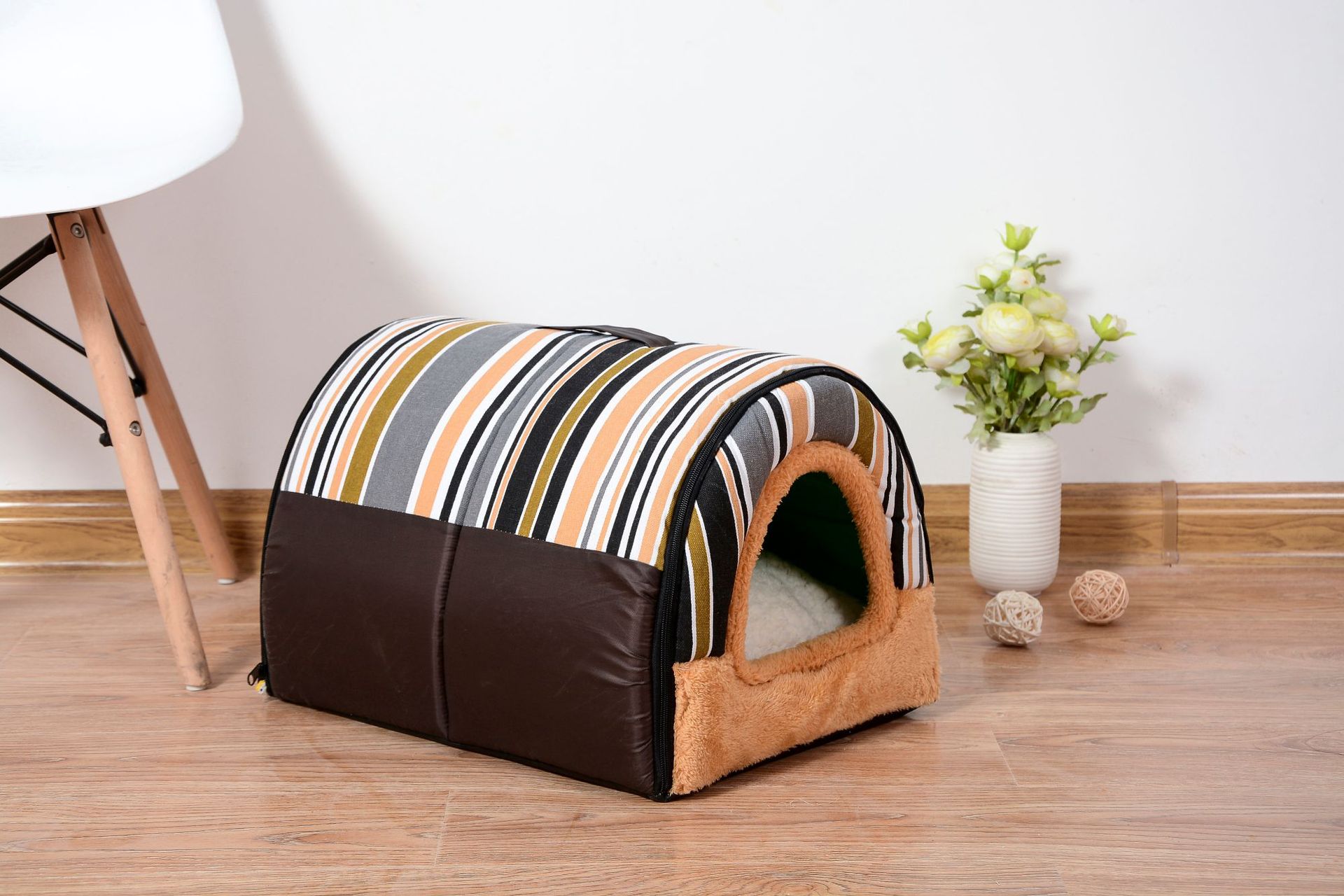 Niche pliable pour animaux de compagnie, niche avec tapis, lit pour chien, chat, chiot, petit, moyen gabarit, Chihuahua, coussin: Brown strip / 35cmx26cmx28cm