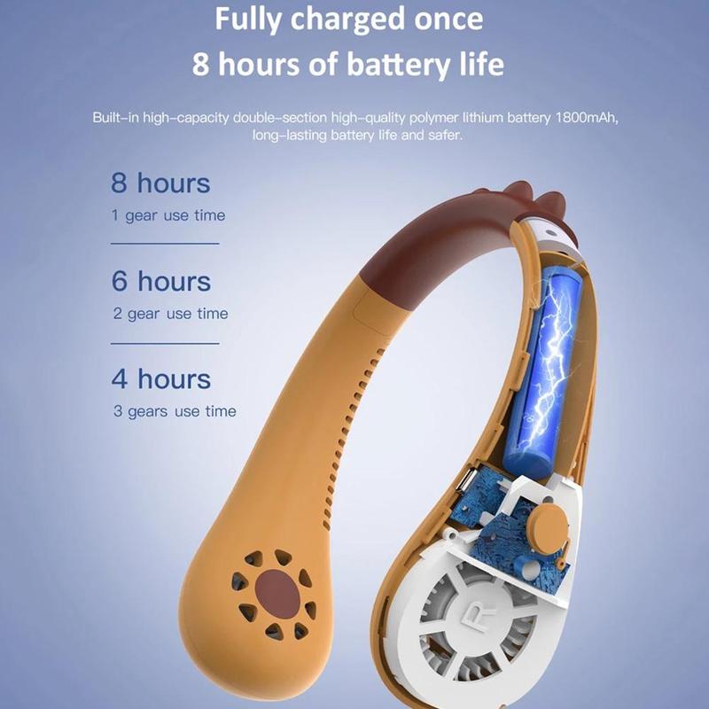 Cute Cartoon Neck Fan Kids Bladeless Fan Rechargeable Portable Sports Lazy Fan Air Cooler Cooling Mini Wearable Neckband Fans