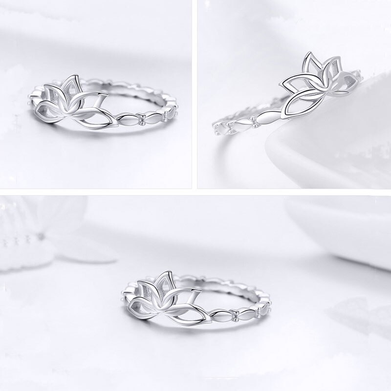 BISAER Real 925 Sterling Silver Lotus Flower Earrings Ring Necklaces Women Jewelry Sets for Women Sterling Silver Jewelry WES067