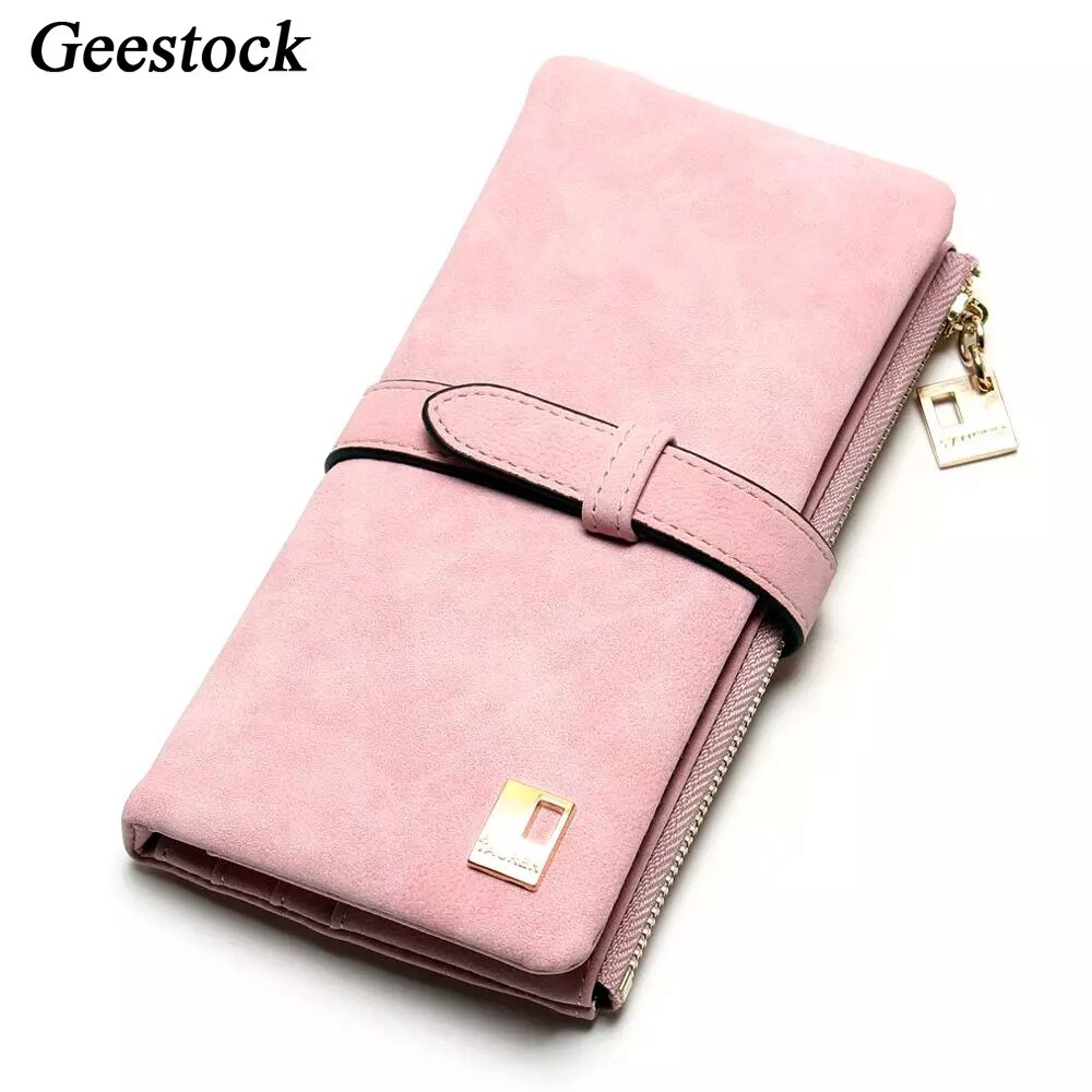 Geestock Frauen Geldbörsen Lange Geldbörse Zwei Falten Frauen Brieftaschen Kordelzug Nubuk Leder Zipper Wildleder frauen Lange Purs: Pink