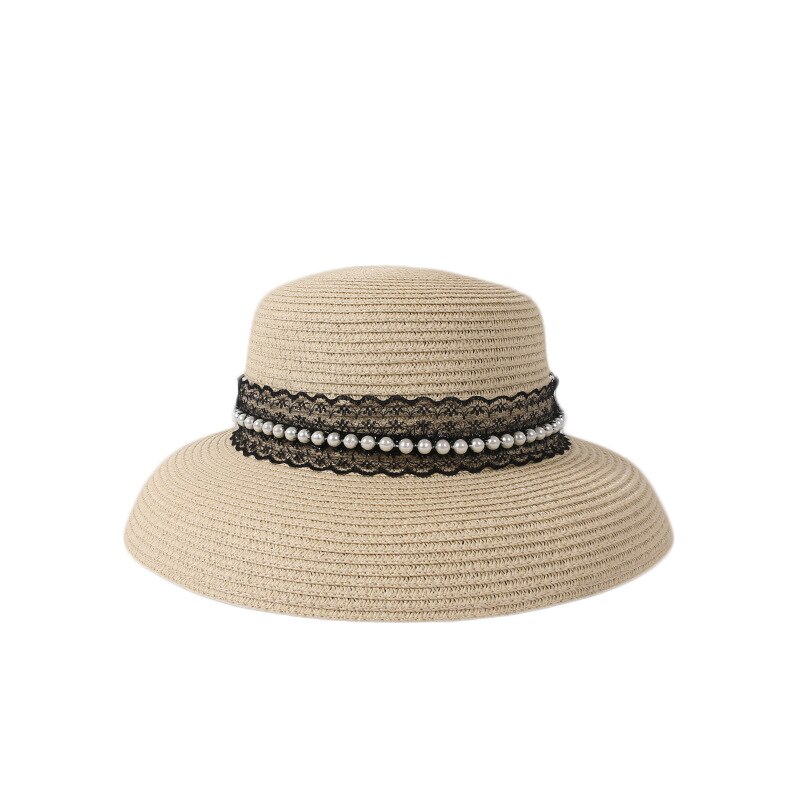 Modieuze strohoed strandhoed dames zomer strand zonnehoed buiten zonnehoed reizen grote dakrand zonnehoed: Beige zwart lint