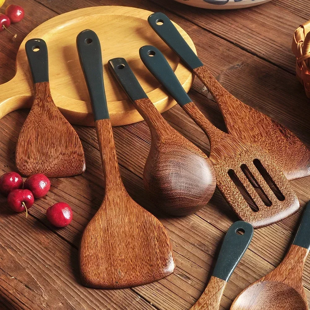 Köksutrustning i trä med långa handtag spatel ris skopa grönsak kött matlagning spade mixerskedar för nonstick pan köksredskap