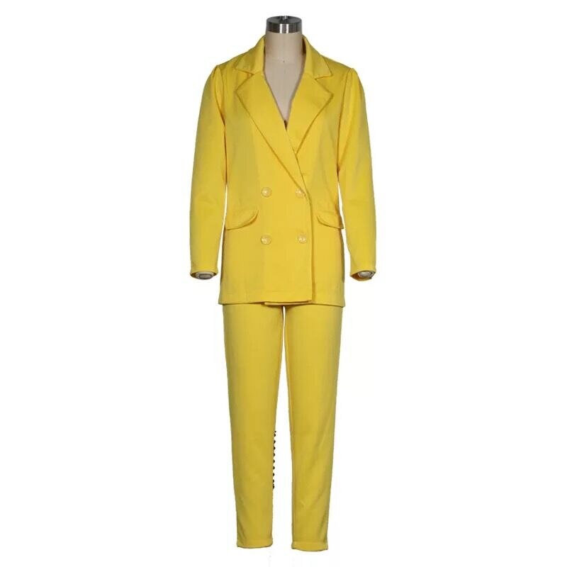 Pak Vrouwen Winter Casual Pak Dames Lange Mouw Effen Kleur Twee stuk Geel Rood Mode Temperament Double-Breasted: yellow / XL