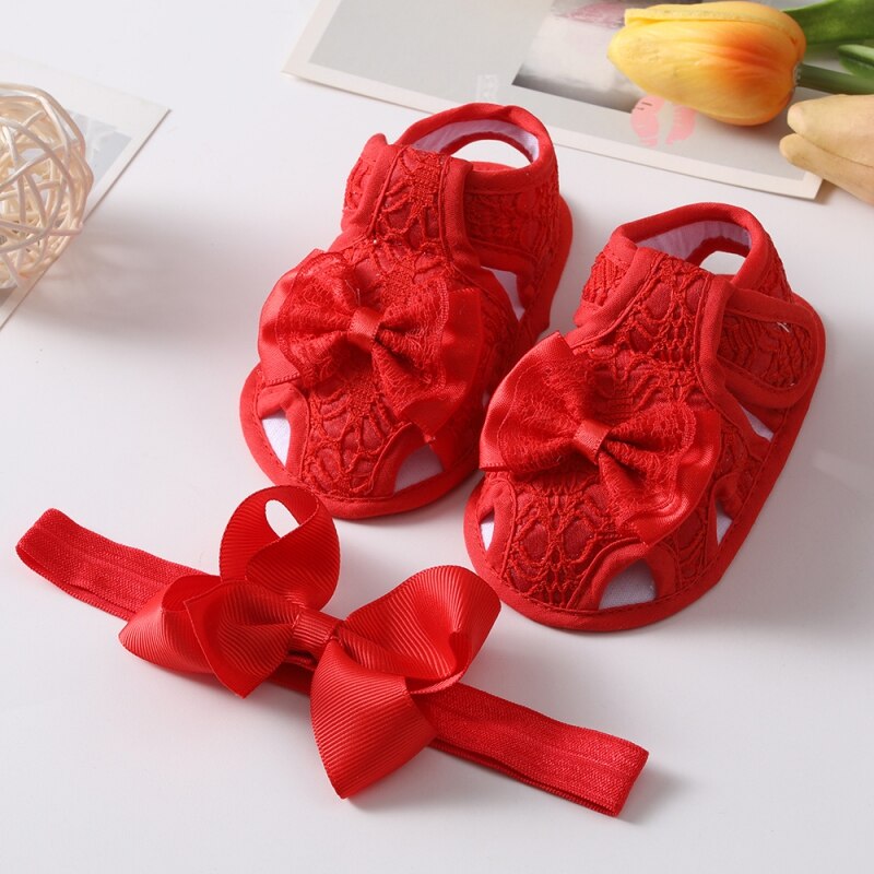 Zomer Baby Meisje Strik Hollow Sandalen Peuter Soft Sole Wandelschoenen Hoofdband Set