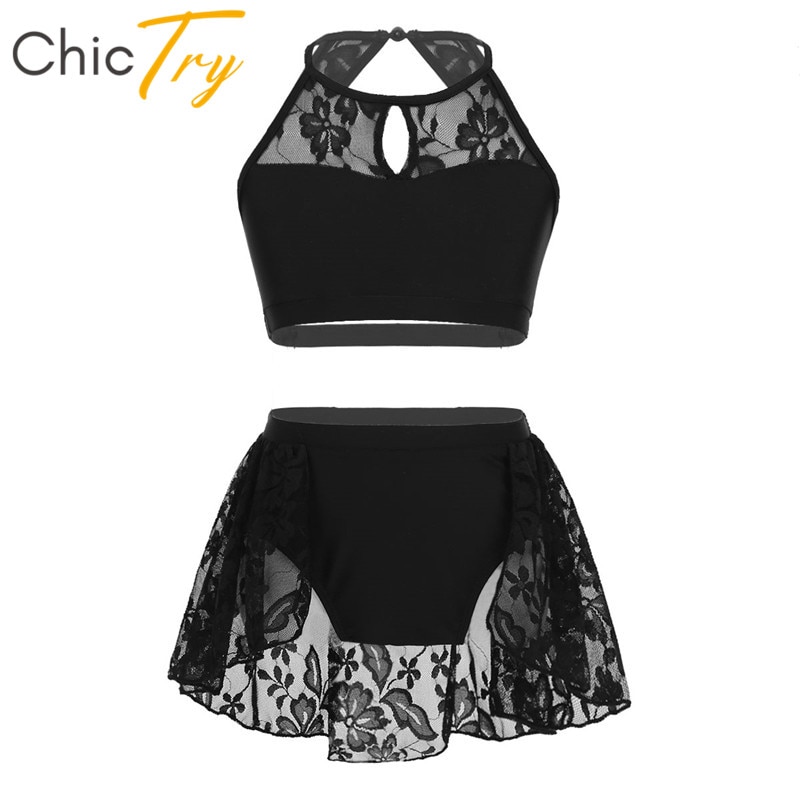 ChicTry Kids Teens Halter Lace Splice Contemporary Lyrical Dance Costumes Gymnastics Top Shorts Set Girls Ballet Tutu Dance Wear