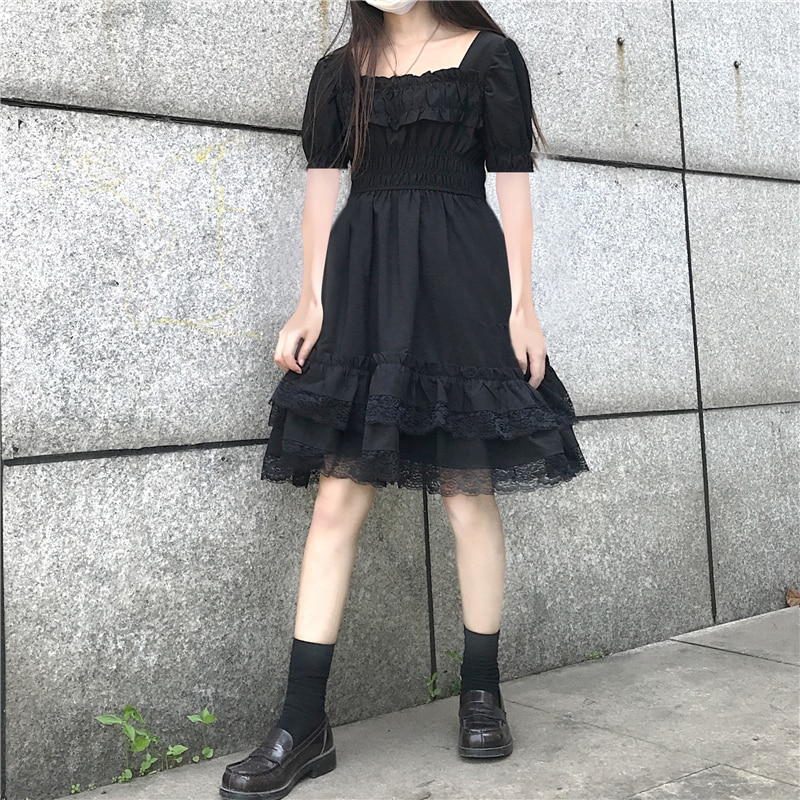 Lolita-vestido negro de encaje con mangas abullonadas para mujer, vestido de cintura alta, de nicho francés, Harajuku, Lolita