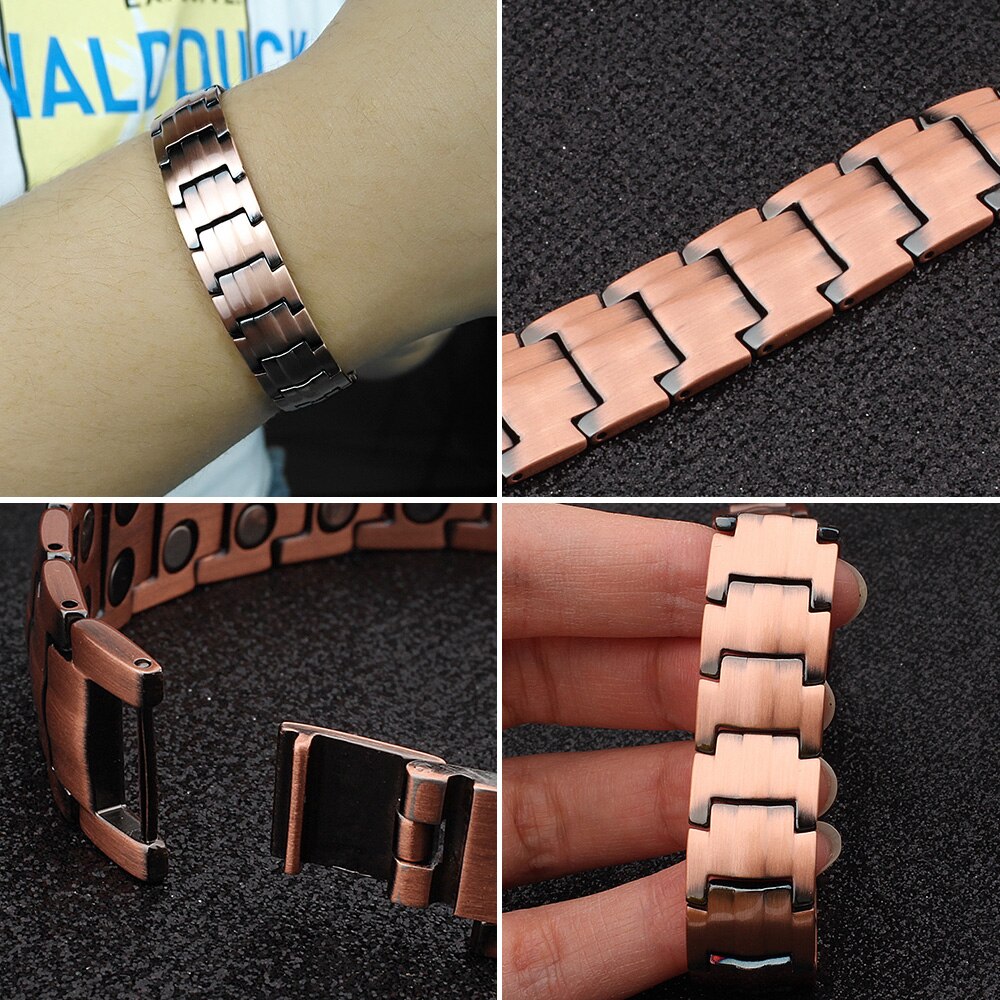 FINE4U B376 Vintage 99.99% Pure Copper Magnetic Bracelet for Men Double Raw 3500Gauss Magnet Health Energy Bracelets Wrist Band