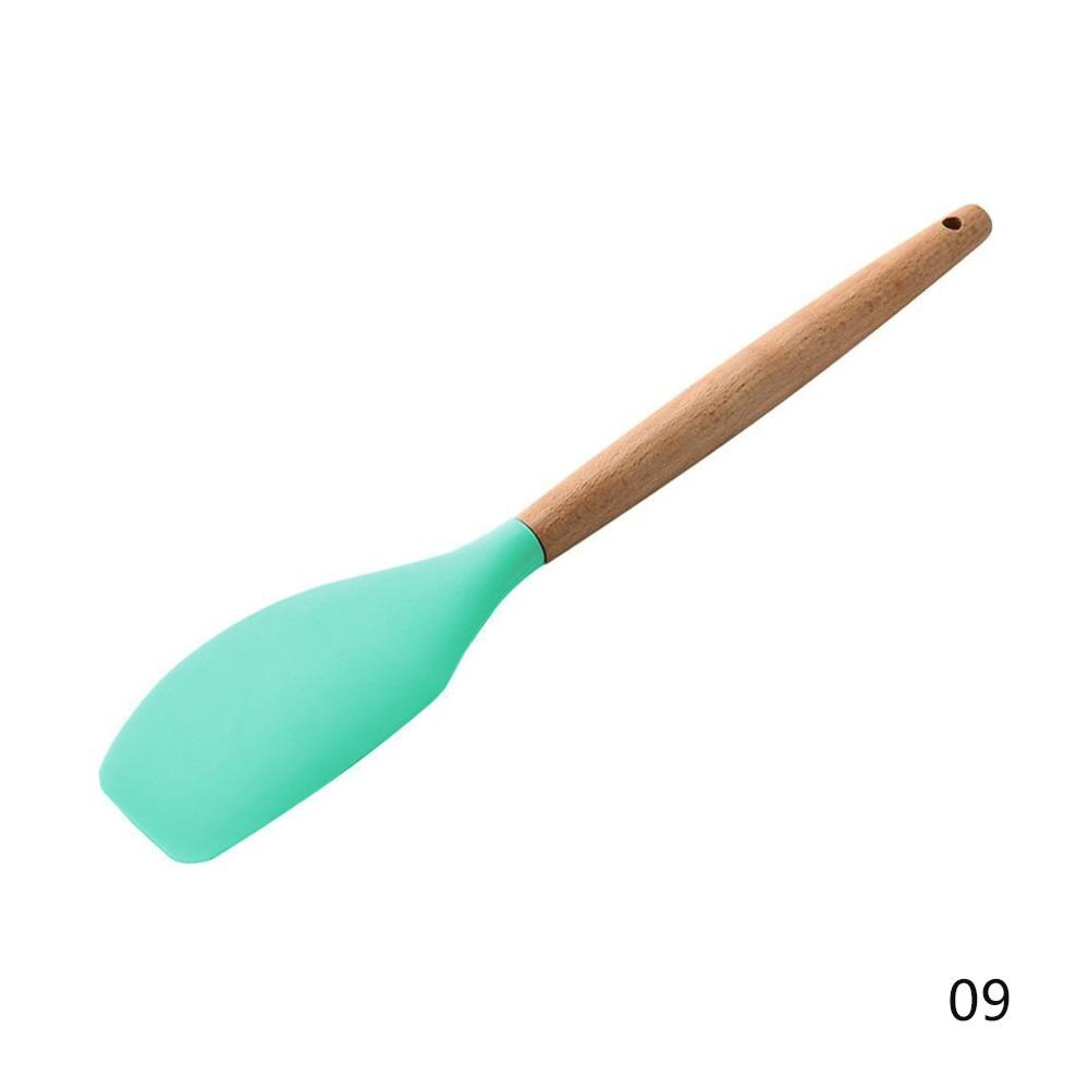 Wood Silicone Cooking Cake Utensils Natural Wood Handle Cooking Tools Turner Tongs Spoon Spatula Bakeware Kitchen Tools: Scraper Green