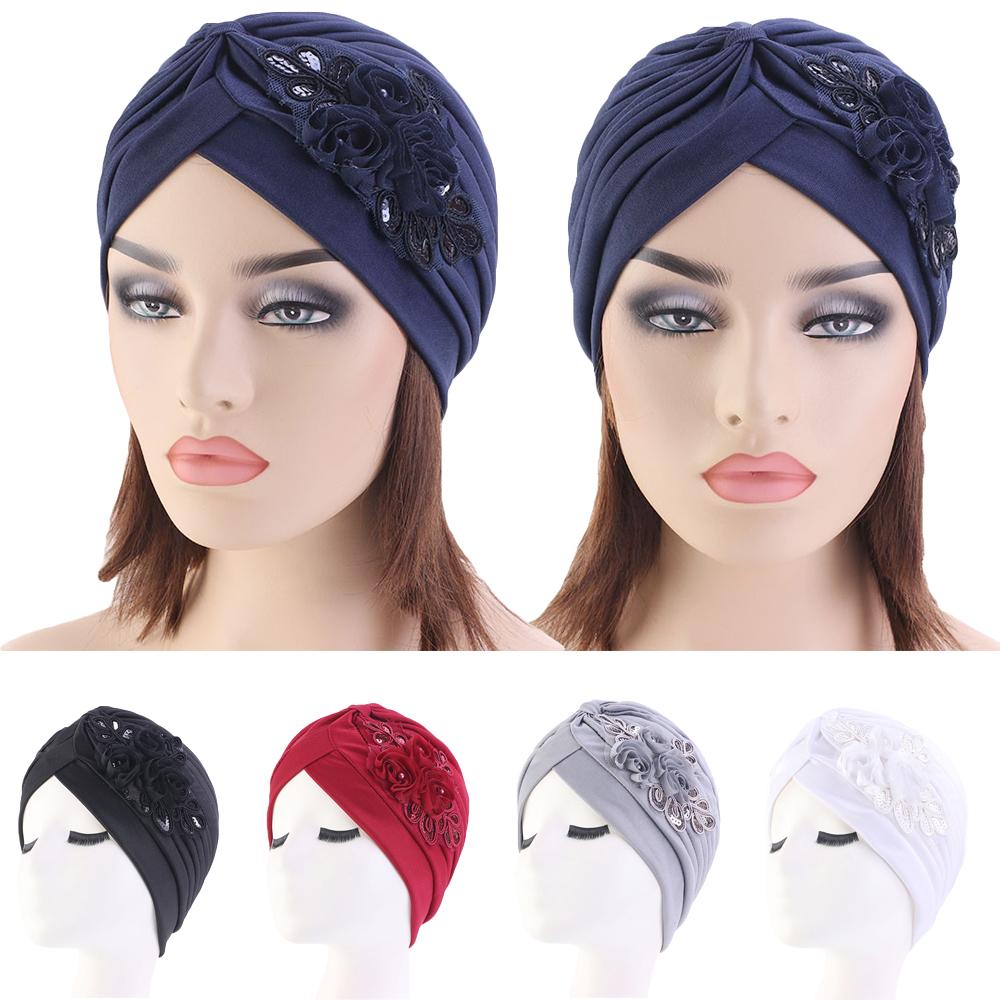 Women India Hat Women Muslim Islamic Elastic Pleated Turban Head Scarf Flower Beanie Hat Hair Loss Headwear Chemo Caps