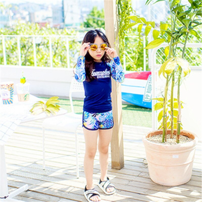 Traje de baño para niñas de 2 a 13 años, traje de baño de dos piezas con flor azul para surfear, ropa de piscina de manga larga para adolescentes