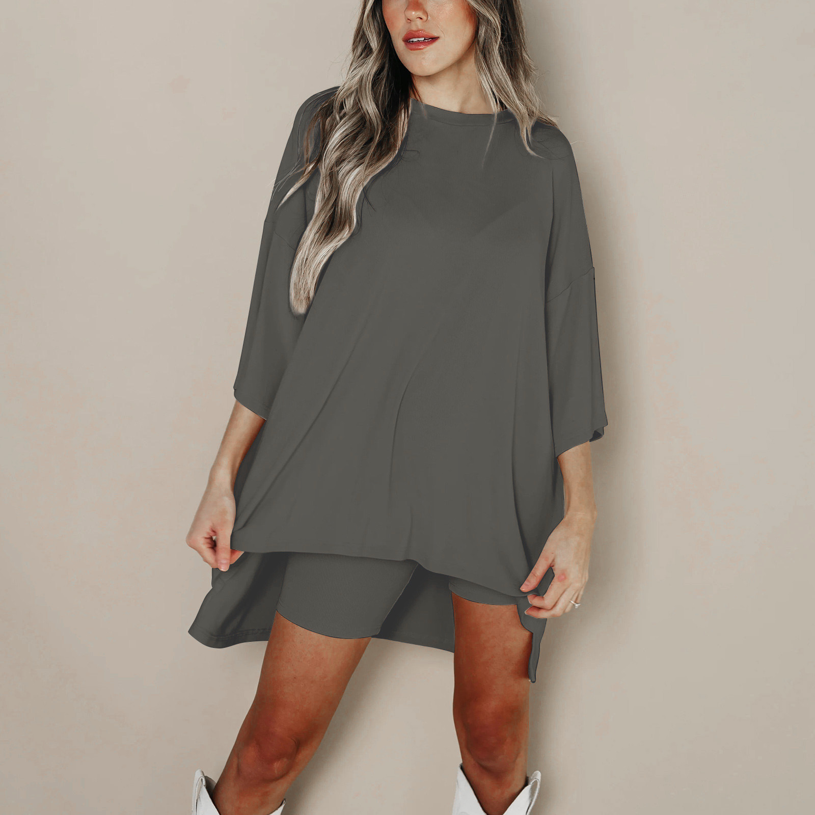 Ensemble Deux Pièces Haut et Short pour Femme, Basique, Polyvalent, Col Rond, Manches Courtes, Directe, 03/Life, Grande Taille: L / Marron
