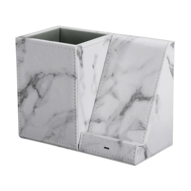 Leren pennenhouder voor op het bureau, draadloze oplaadstandaard voor je telefoon