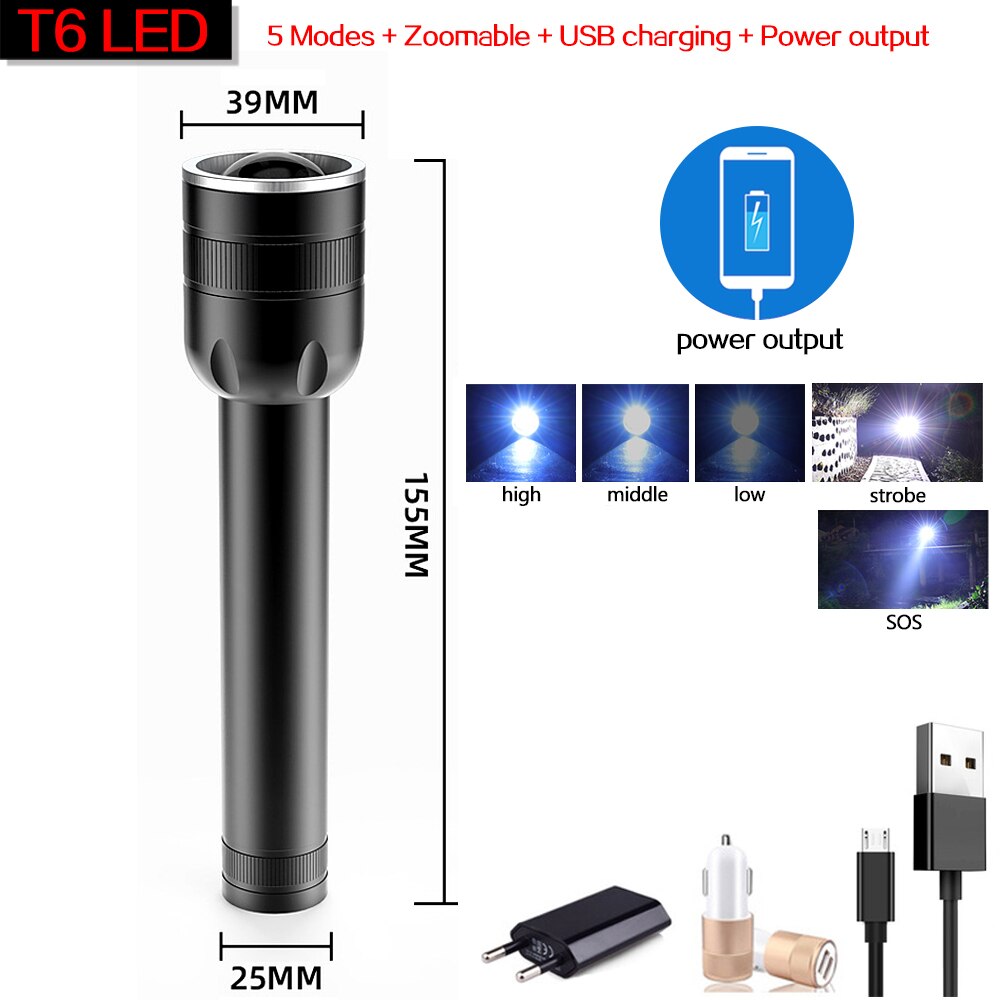 USB Rechargeable LED Flashlight With Q5 T6 LED Built-in 1800mAh lithium battery Waterproof camping light Zoomable Torch outdoor: Package E