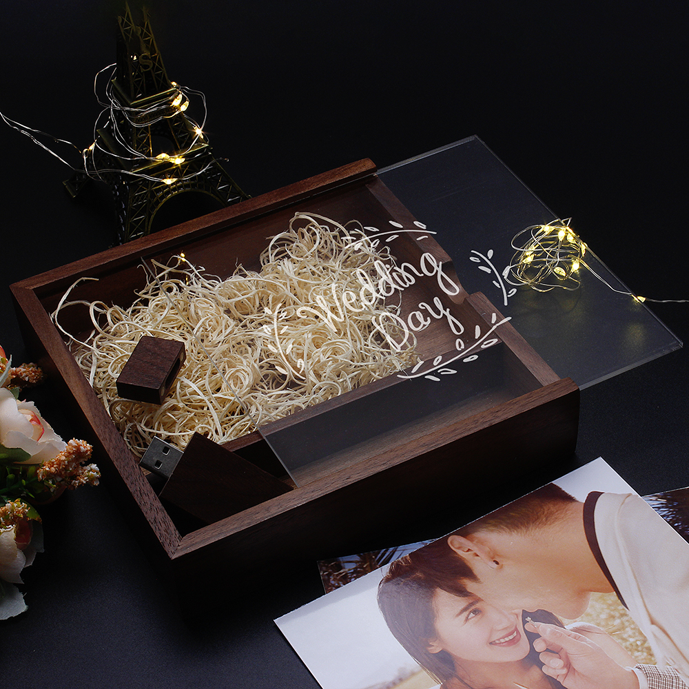 Wood Photo Box USB 2.0 Flash Drives Free Logo Wedding Custom Pen Drive Real Capacity Memory Stick Photography U Disk 64G