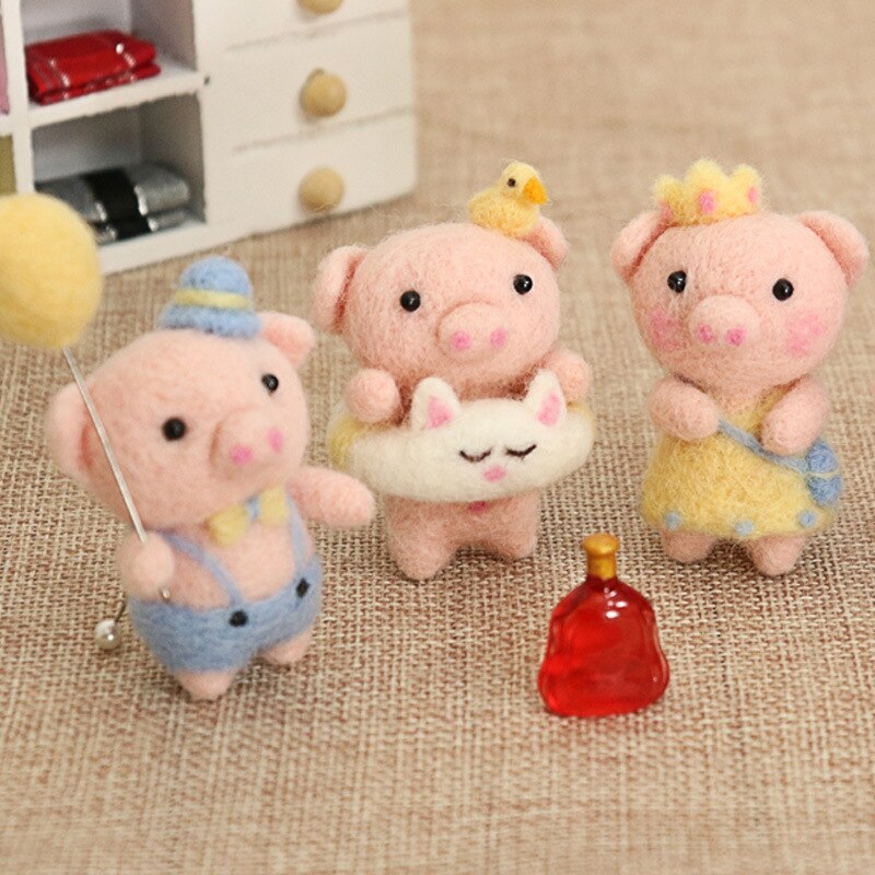 Jiwuo Cute Animal Pig Toy Doll Wool Felt Poked Kitting Non-Finished Handcarft Wool Felting Material Package