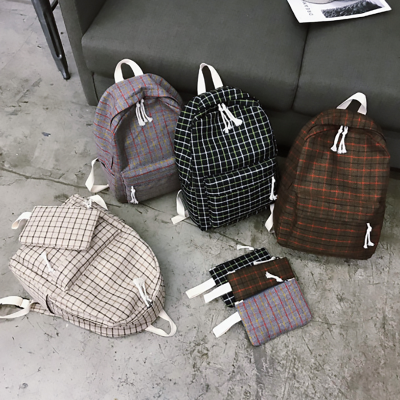 2set Plaid pattern Backpack Canvas Women Shoulder Bag Teenager Girl School Backpack Female Mochilas Bagpack