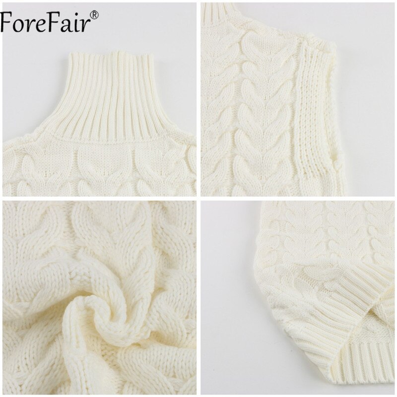 Forefair beige ärmlös polotröja kvinnor tjocka stickade axelryckningströjor lediga lösa oversized höst vintertröjor jumpers