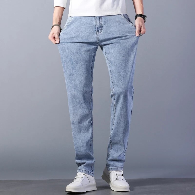 2022 Spring Summer Brand Fitted Straight Light Blue Thin Jeans Classic Zipper Pocket Men&#39;s Casual Lightweight Jeans