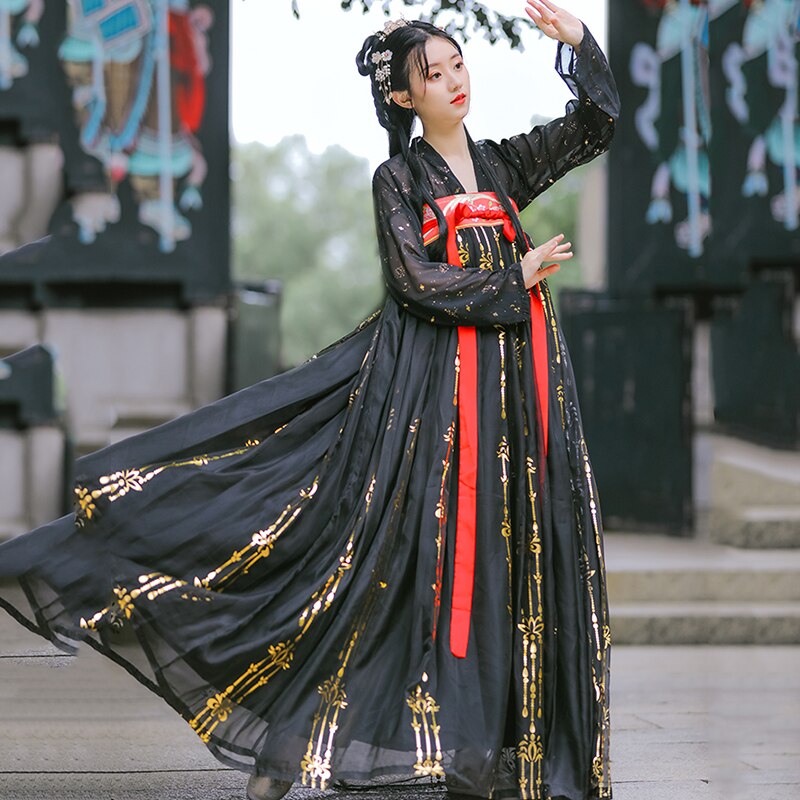 Mujeres negro Hanfu tradicional chino ropa Festival traje bordado estilo antiguo popular puesta en escena trajes de baile DN5500