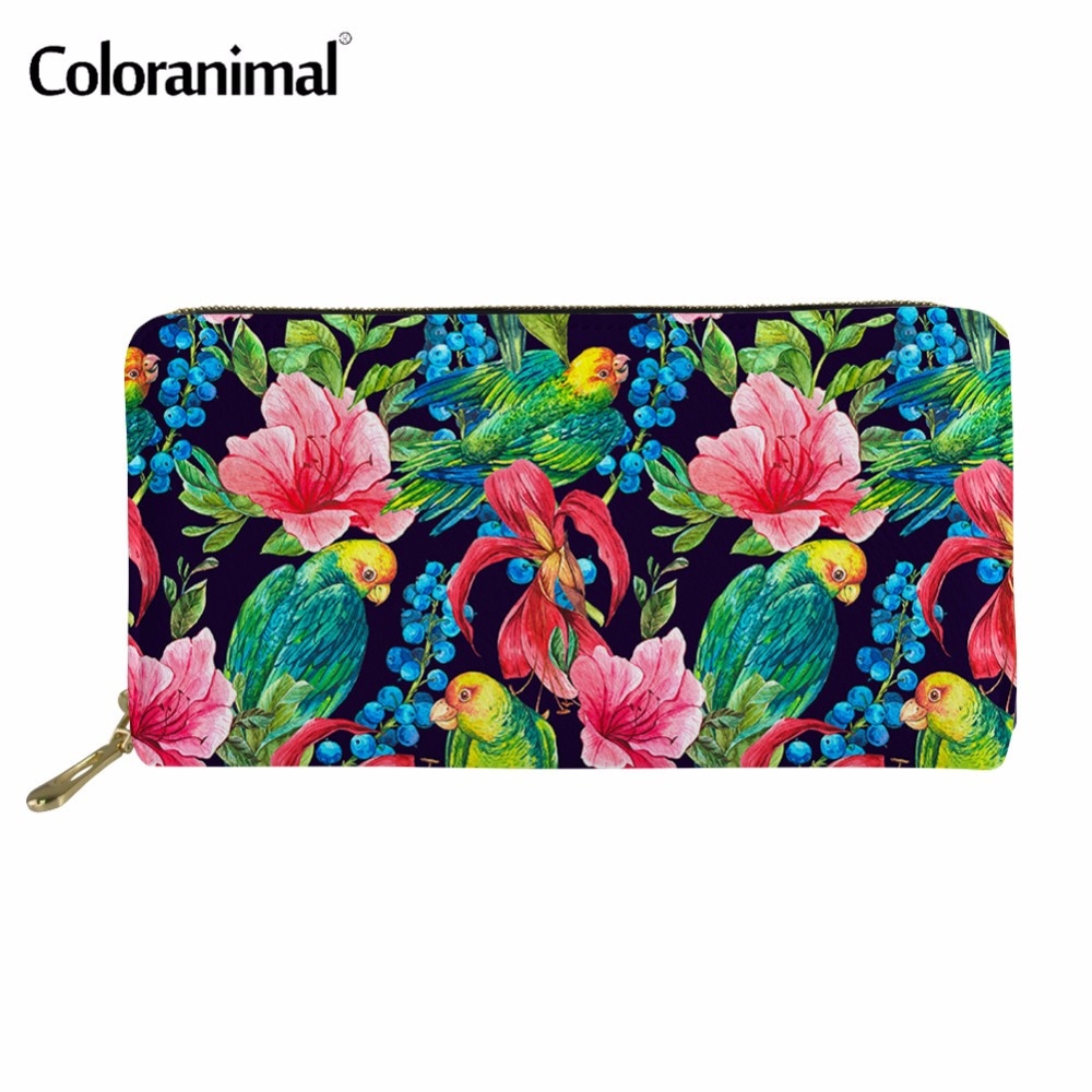 Coloranimal Vintage Women Leather Wallet Parrot Flower Floral Print Women PU Handbags Wallets Purse for Ladies Teen Girl